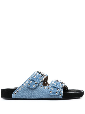 

Eyelet-detail buckled denim slides, ISABEL MARANT Eyelet-detail buckled denim slides