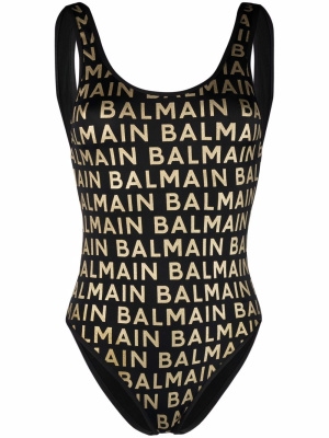 

Metallic-threaded logo swimsuit, Balmain Metallic-threaded logo swimsuit