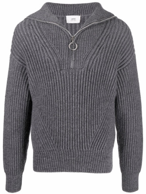 

Half-zip ribbed-knit sweatshirt, AMI Paris Half-zip ribbed-knit sweatshirt