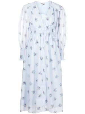 

Puff-sleeve floral-print midi dress, GANNI Puff-sleeve floral-print midi dress
