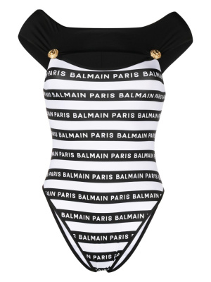 

Logo-tape off-shoulder swimsuit, Balmain Logo-tape off-shoulder swimsuit