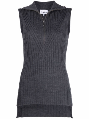 

Ribbed merino half-zip sleeveless top, GANNI Ribbed merino half-zip sleeveless top