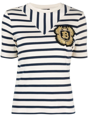 

Logo-patch ribbed-knit striped T-shirt, Balmain Logo-patch ribbed-knit striped T-shirt