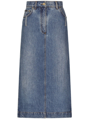 

Logo-plaque midi denim skirt, Dolce & Gabbana Logo-plaque midi denim skirt