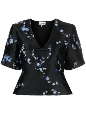 

Floral-jacquard V-neck blouse, GANNI Floral-jacquard V-neck blouse