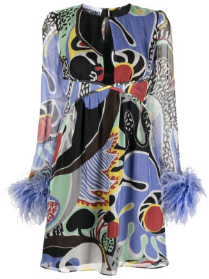 

Feather-trim psychedelic print dress, Moschino Feather-trim psychedelic print dress