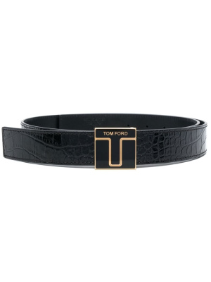 Croc-embossed logo-plaque belt, TOM FORD Croc-embossed logo-plaque belt