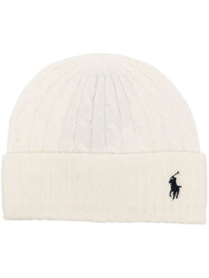

Embroidered-logo cable-knit beanie, Polo Ralph Lauren Embroidered-logo cable-knit beanie