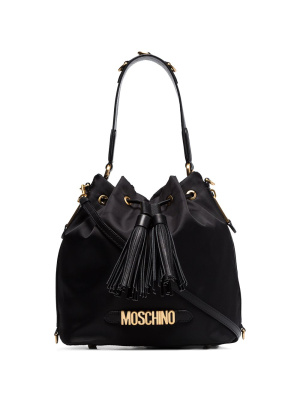 

Logo plaque drawstring bucket bag, Moschino Logo plaque drawstring bucket bag
