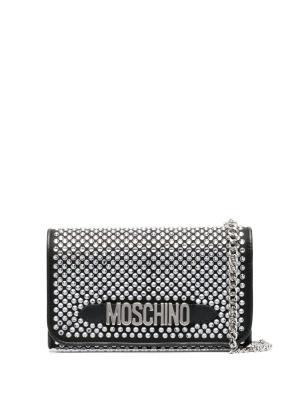 

Crystal-embellished logo-lettering clutch bag, Moschino Crystal-embellished logo-lettering clutch bag