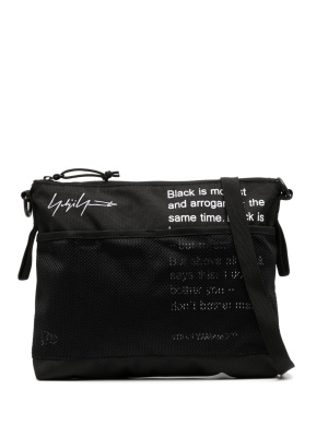 

Slogan-print mesh shoulder bag, Yohji Yamamoto Slogan-print mesh shoulder bag