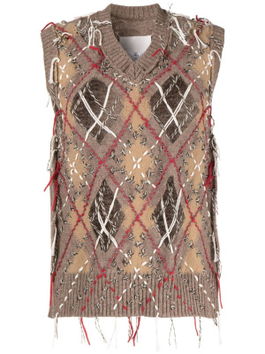 

Frayed-detailing sleeveless knitted jumper, Maison Margiela Frayed-detailing sleeveless knitted jumper