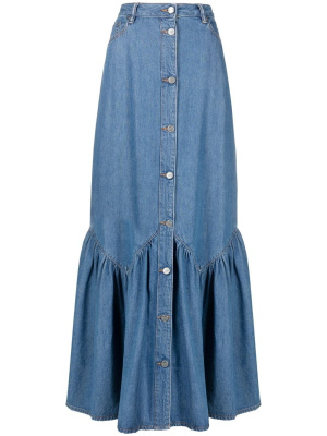 

Ruffle-hem denim maxi skirt, GANNI Ruffle-hem denim maxi skirt