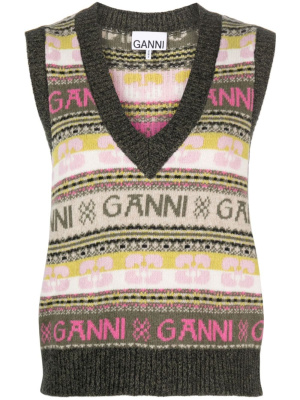 

Ribbed V-neck intarsia-knit vest, GANNI Ribbed V-neck intarsia-knit vest