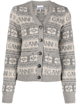 

Logo intarsia-knit V-neck cardigan, GANNI Logo intarsia-knit V-neck cardigan