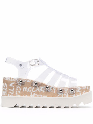 

80mm logo-print wedge sandals, Stella McCartney 80mm logo-print wedge sandals