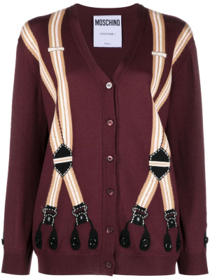 

Intarsia-knit suspenders cardigan, Moschino Intarsia-knit suspenders cardigan