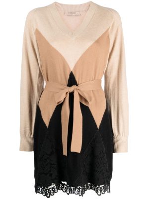 

Lace-panel argyle-knit belted minidress, TWINSET Lace-panel argyle-knit belted minidress