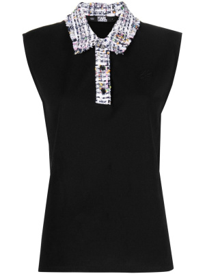 

Bouclé-collar sleeveless polo top, Karl Lagerfeld Bouclé-collar sleeveless polo top