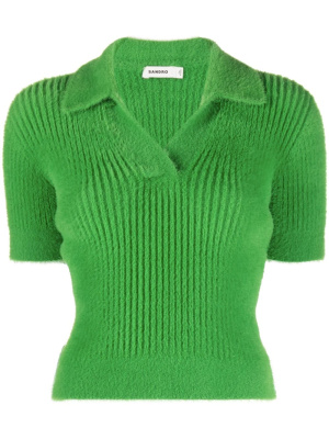 

Brushed ribbed-knit polo top, SANDRO Brushed ribbed-knit polo top