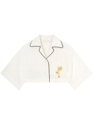 

Logo-embroidered cropped linen shirt, Palm Angels Logo-embroidered cropped linen shirt