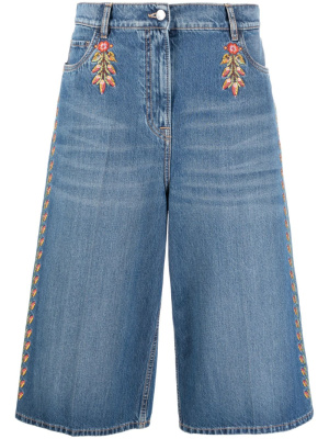 

Floral-embroidered wide-leg denim culottes, ETRO Floral-embroidered wide-leg denim culottes