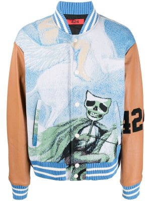 

Jacquard-print leather-sleeve bomber jacket, 424 Jacquard-print leather-sleeve bomber jacket