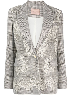 

Glen plaid-check lace-appliqué blazer, TWINSET Glen plaid-check lace-appliqué blazer