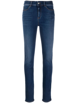 

Embroidered-logo skinny-cut mid-rise jeans, Emporio Armani Embroidered-logo skinny-cut mid-rise jeans