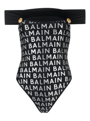

Logo-print off-shoulder bodysuit, Balmain Logo-print off-shoulder bodysuit