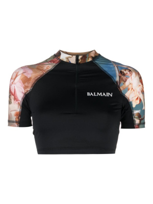 

Logo-print panelled crop top, Balmain Logo-print panelled crop top