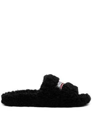 

Campaign-logo faux-shearling slides, Balenciaga Campaign-logo faux-shearling slides