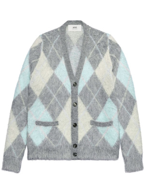 

Brushed argyle-intarsia cardigan, AMI Paris Brushed argyle-intarsia cardigan