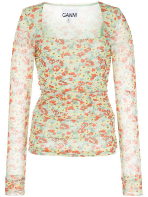 

Floral-print mesh top, GANNI Floral-print mesh top