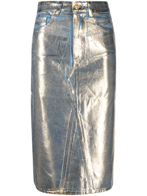 

Metallic-finish denim midi skirt, GANNI Metallic-finish denim midi skirt