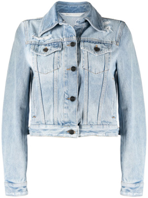 

Distressed logo-patch denim jacket, Palm Angels Distressed logo-patch denim jacket