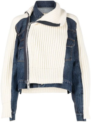 

Denim-panelled ribbed-knit jacket, Sacai Denim-panelled ribbed-knit jacket