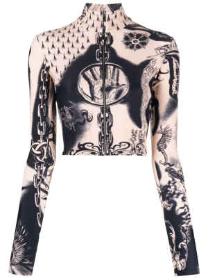 

Tattoo-print zip-up crop top, Jean Paul Gaultier Tattoo-print zip-up crop top