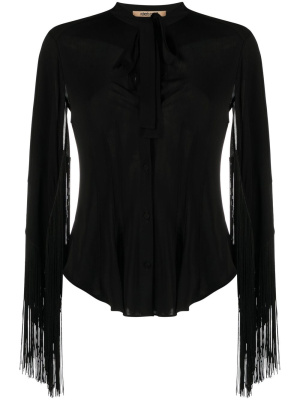 

Fringe cuffs tie-collar shirt, Roberto Cavalli Fringe cuffs tie-collar shirt