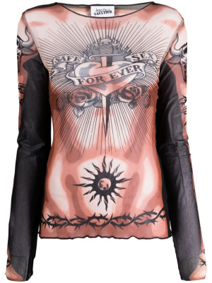 

Semi-sheer tattoo-print top, Jean Paul Gaultier Semi-sheer tattoo-print top