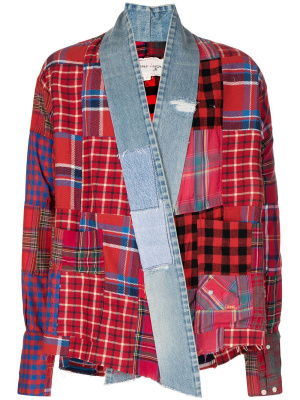 

Checked patchwork wrap-around jacket, Greg Lauren Checked patchwork wrap-around jacket